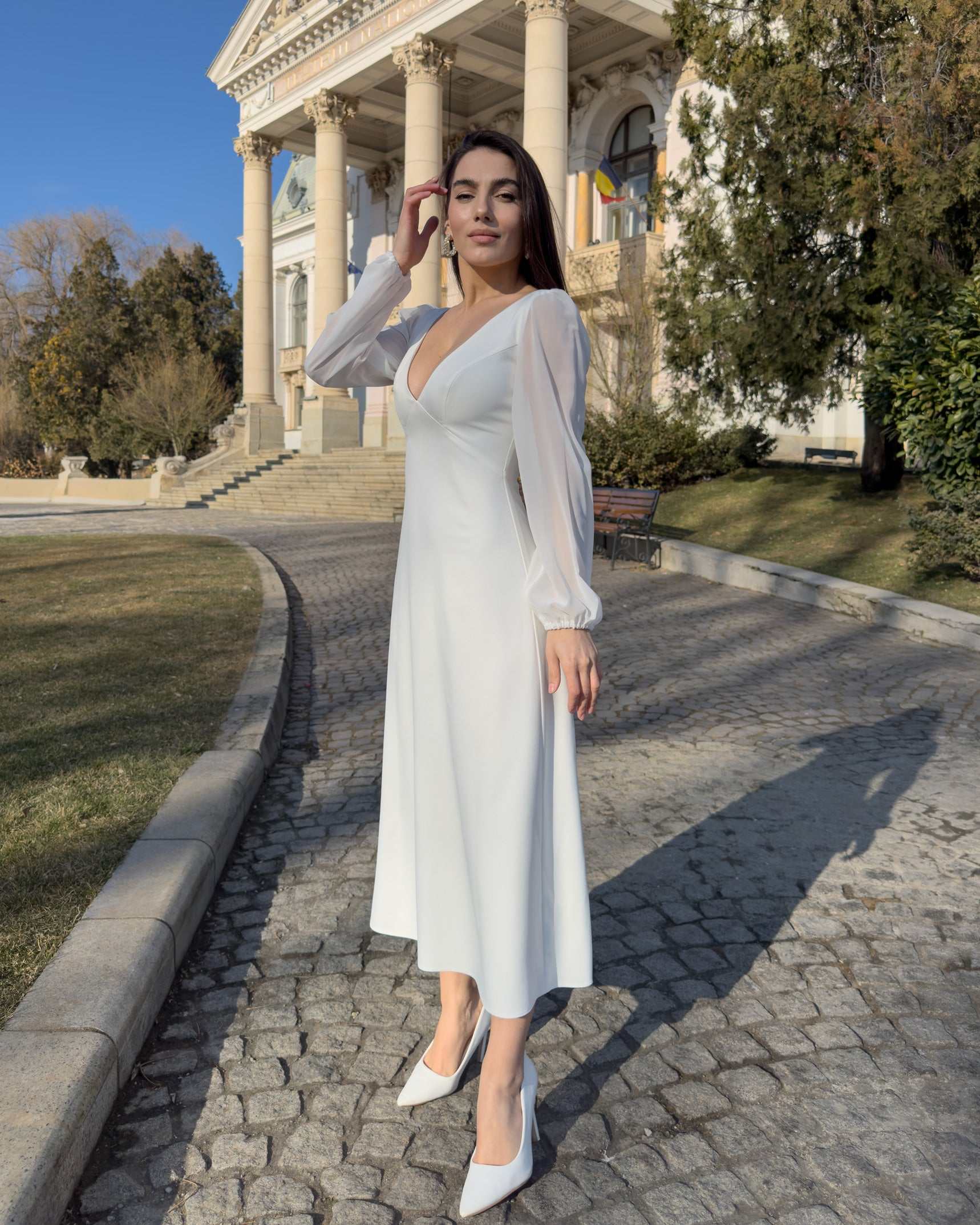 White midi dress with long sleeves, V neckline