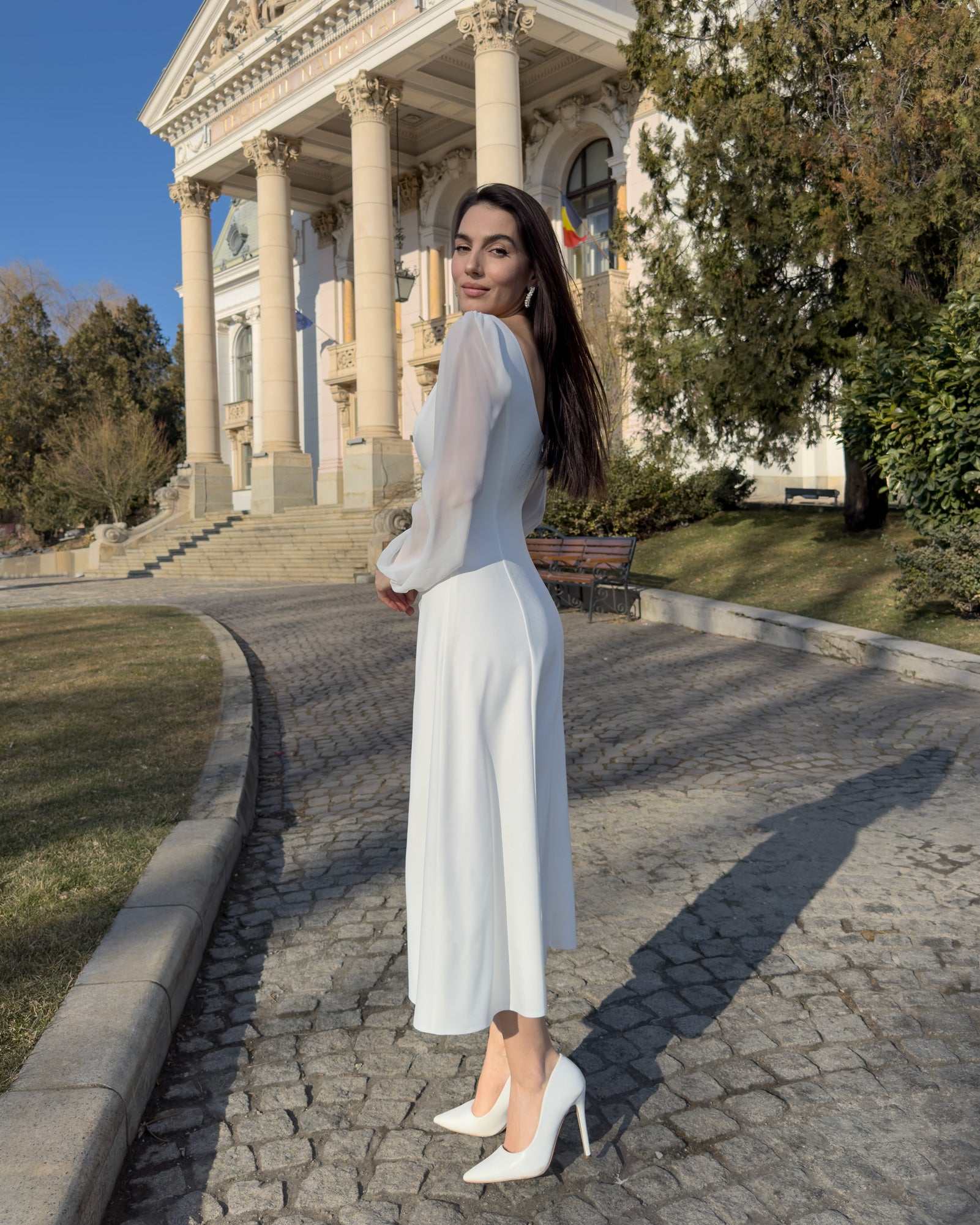White midi dress with long sleeves, V neckline