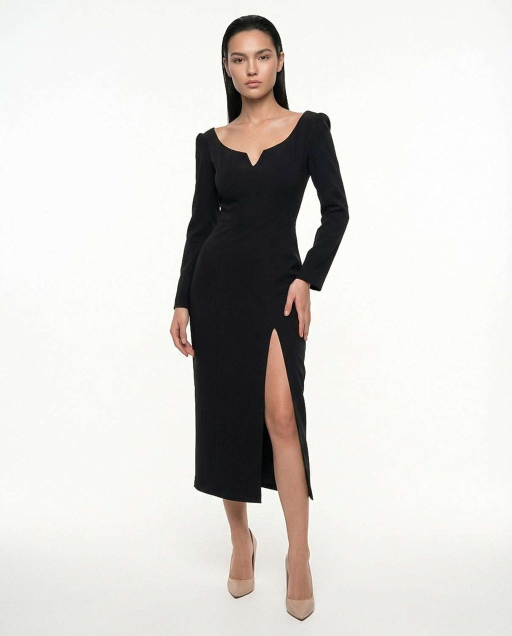 Classic casual elegant black dress with slit, long sleeves