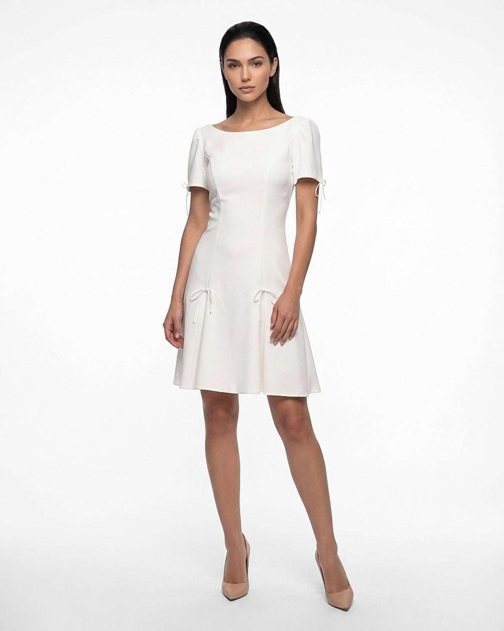 Short white flared dress with sleeves