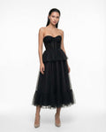 Elegant black midi party dress with corset and fine lace