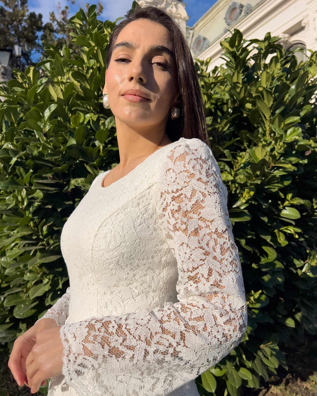 White midi civil ceremony dress with lace sleeves