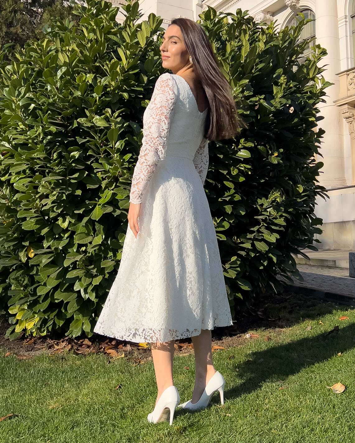 White midi civil ceremony dress with lace sleeves