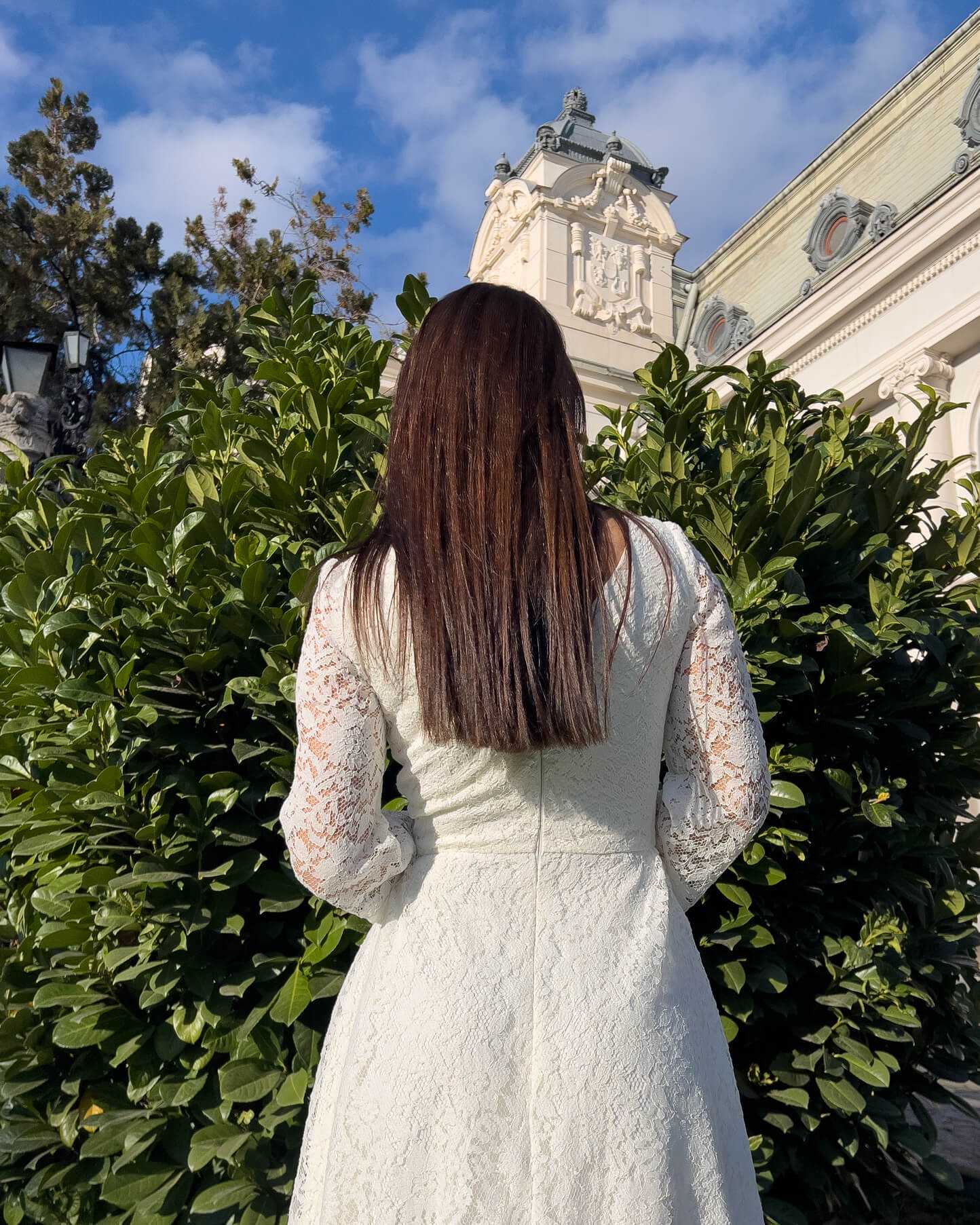 White midi civil ceremony dress with lace sleeves