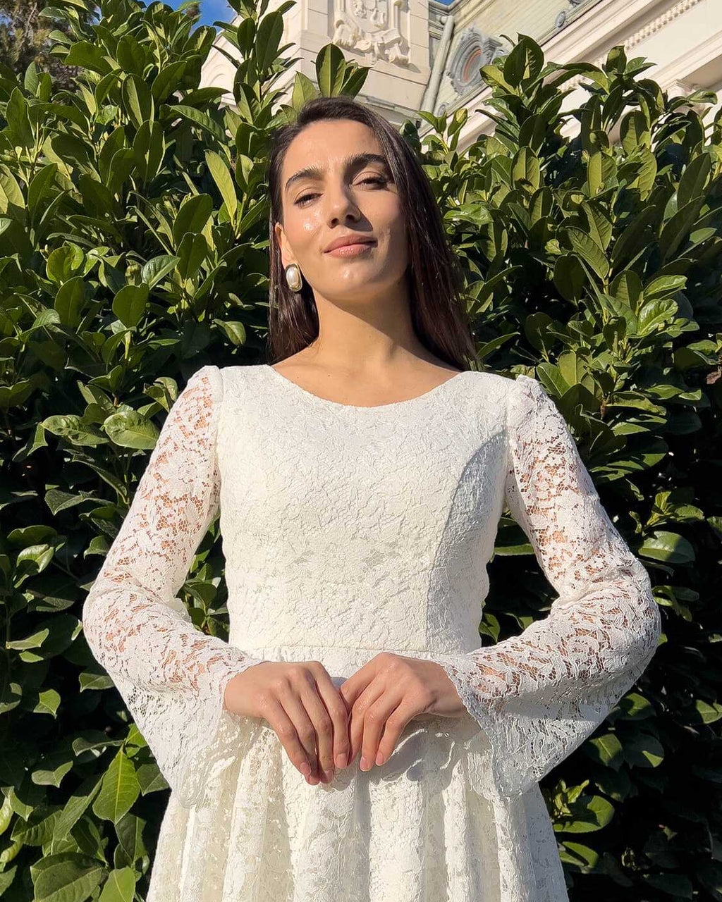 White midi civil ceremony dress with lace sleeves