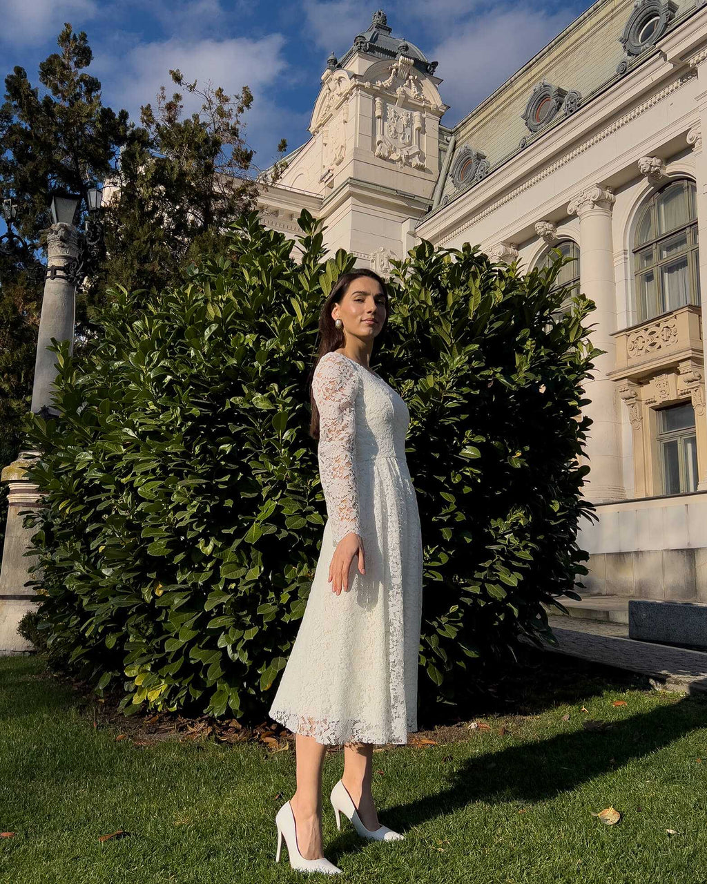 White midi civil ceremony dress with lace sleeves