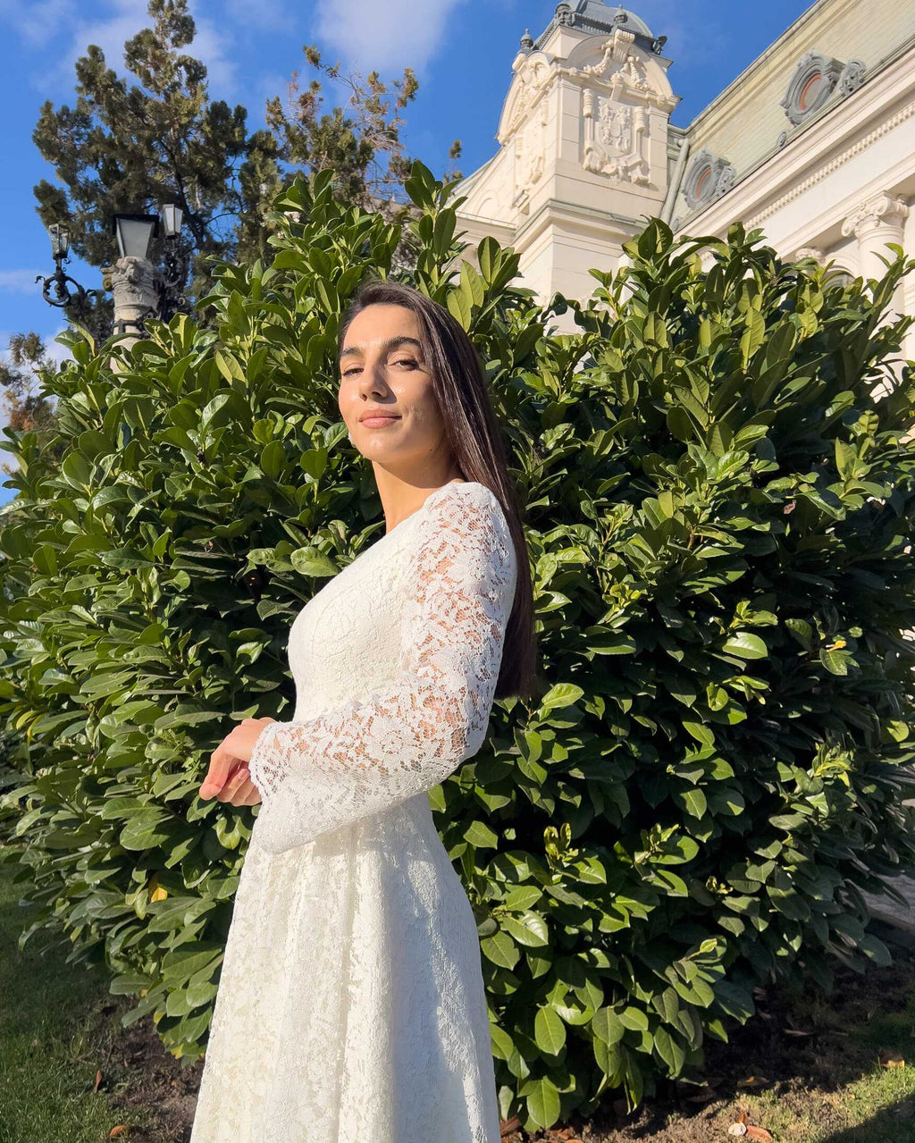 White midi civil ceremony dress with lace sleeves