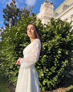 White midi civil ceremony dress with lace sleeves