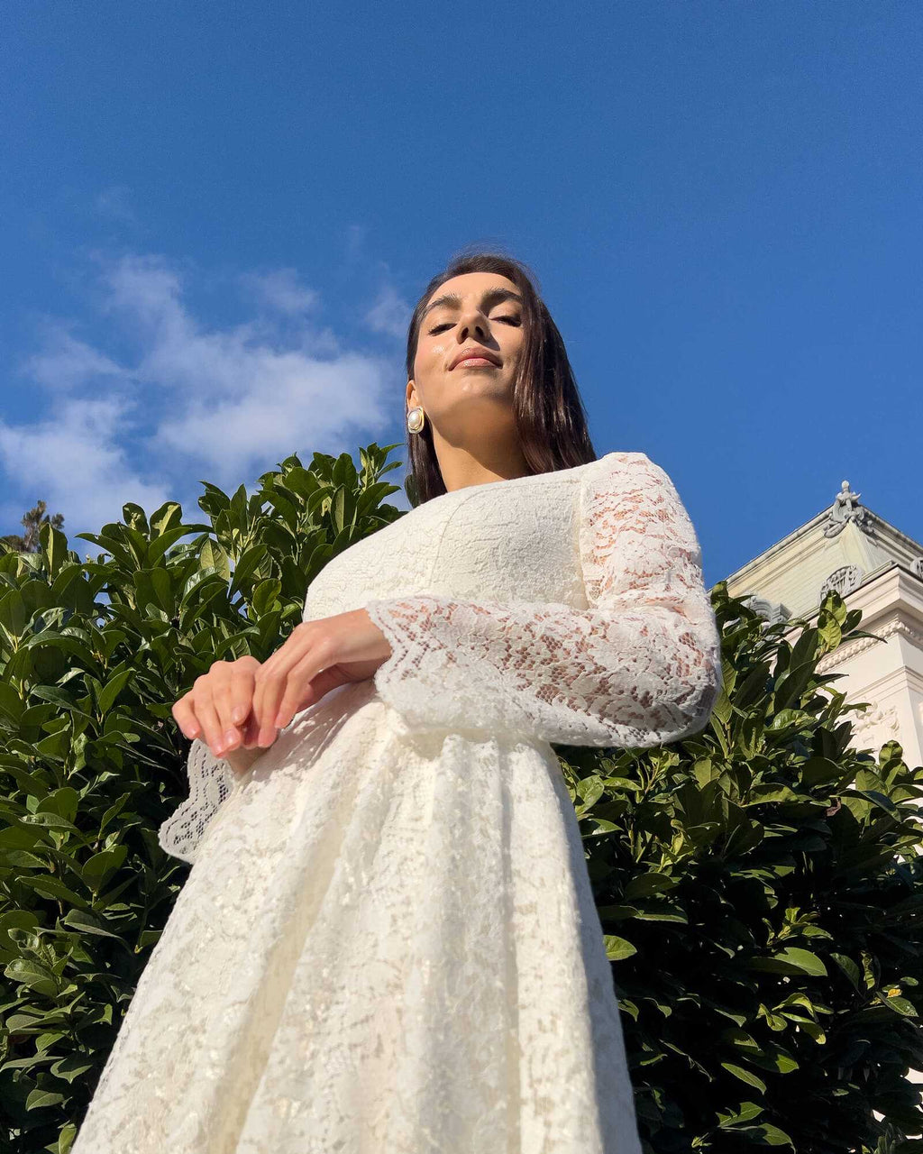 White midi civil ceremony dress with lace sleeves