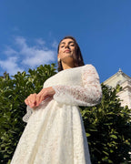 White midi civil ceremony dress with lace sleeves