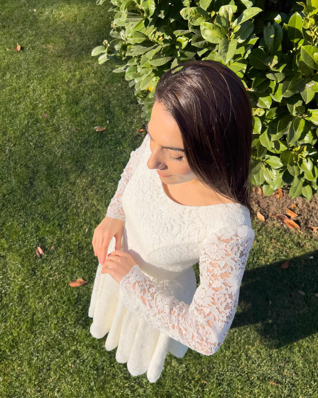 White midi civil ceremony dress with lace sleeves